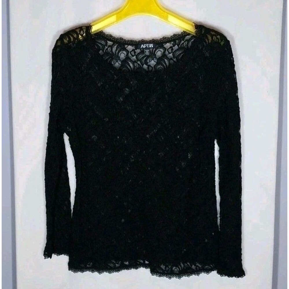 Apt 9 Black Lace Sheer Top Petite M Long Sleeve Floral Mesh Fitted Y2K
